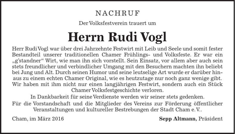 Traueranzeige Rudi Vogl