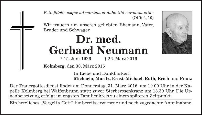 Traueranzeige Gerhard Dr. med. Neumann