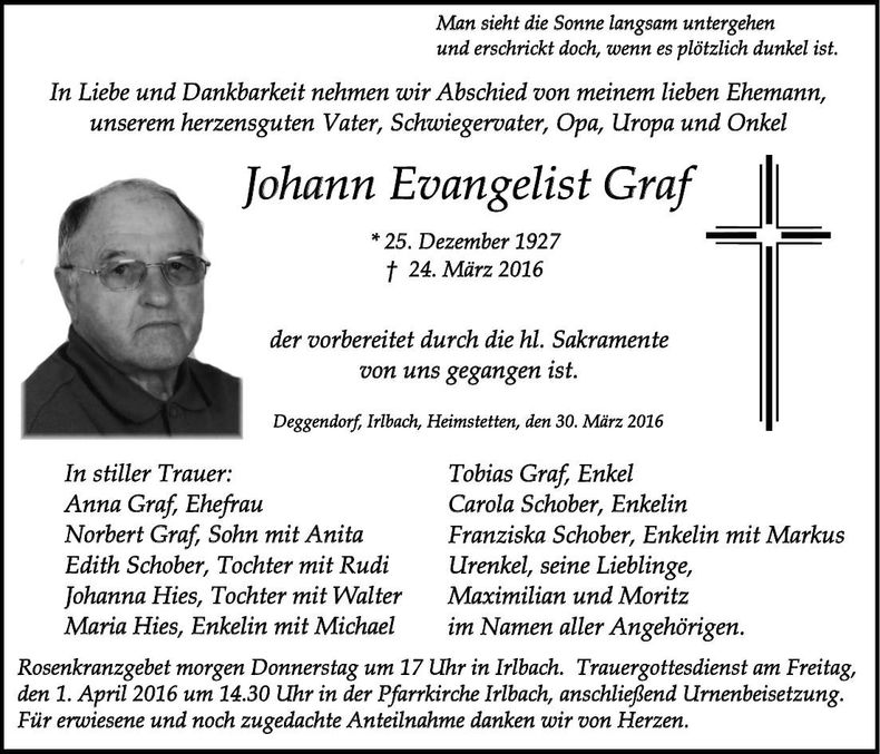Traueranzeige Johann Evangelist Graf