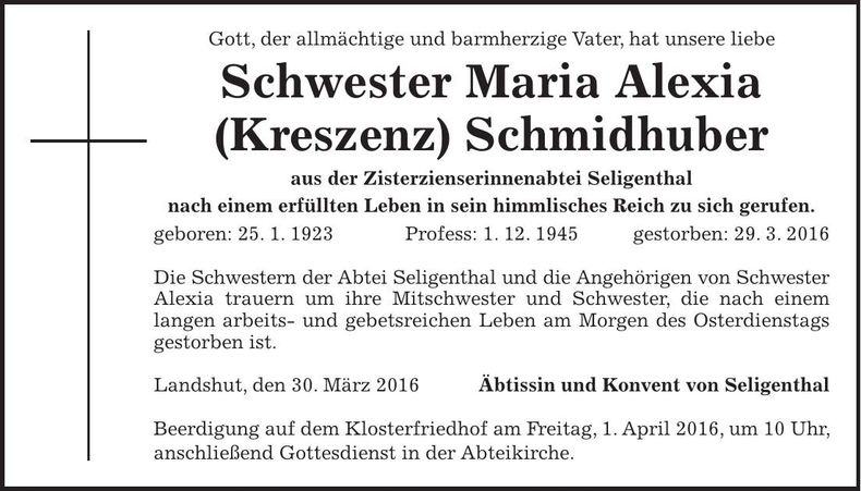 Traueranzeige Kreszenz Schmidhuber