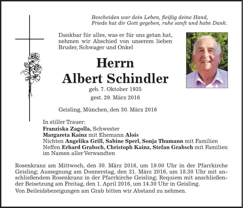 Traueranzeige Albert Schindler