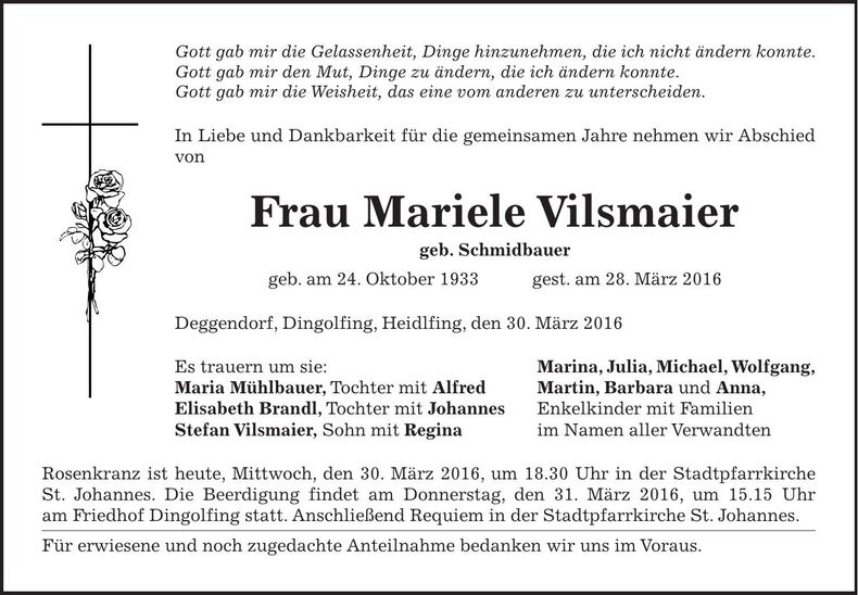 Traueranzeige Mariele Vilsmaier