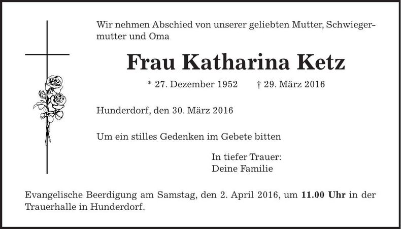 Traueranzeige Katharina Ketz