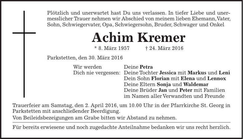 Traueranzeige Achim Kremer