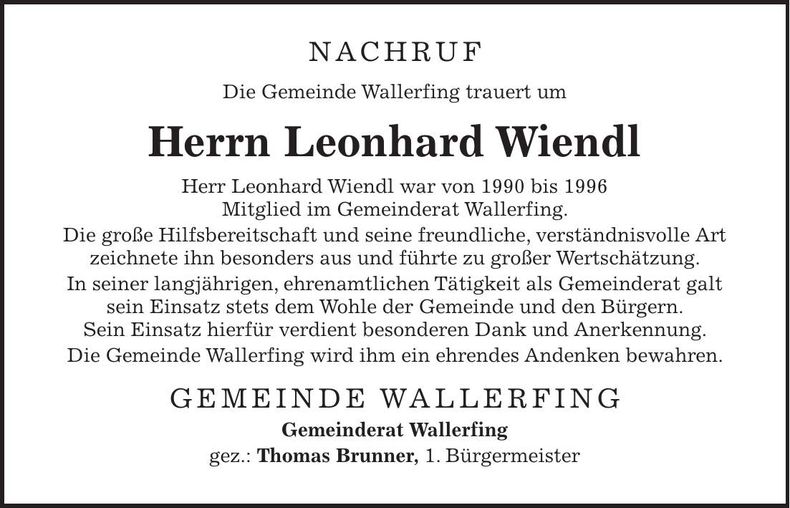 Traueranzeige Leonhard Wiendl
