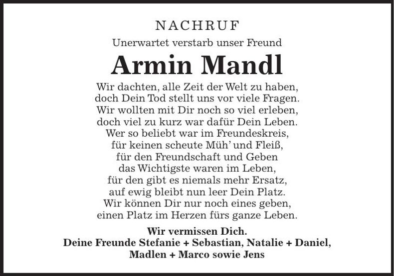 Traueranzeige Armin Mandl