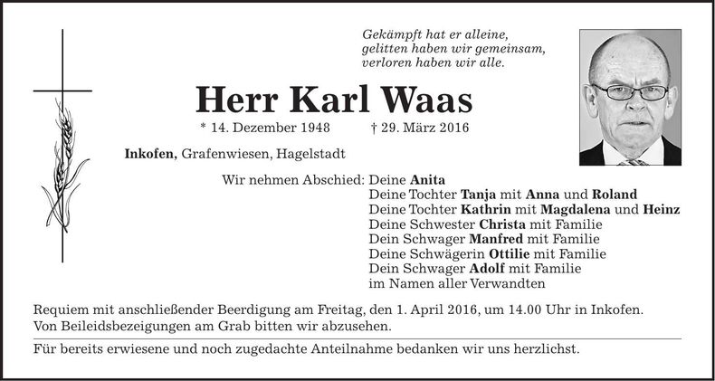 Traueranzeige Karl Waas