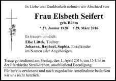 Traueranzeige Elsbeth Seifert