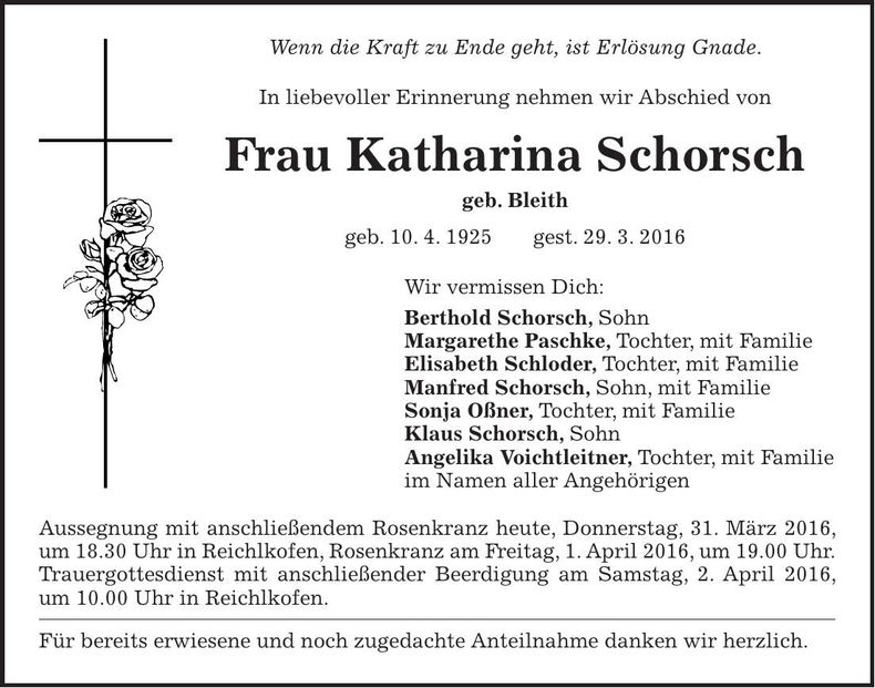 Traueranzeige Katharina Schorsch