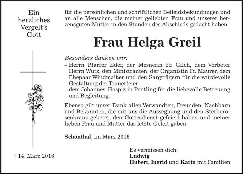 Traueranzeige Helga Greil