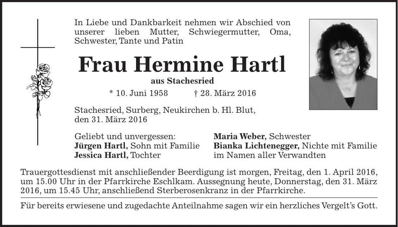 Traueranzeige Hermine Hartl