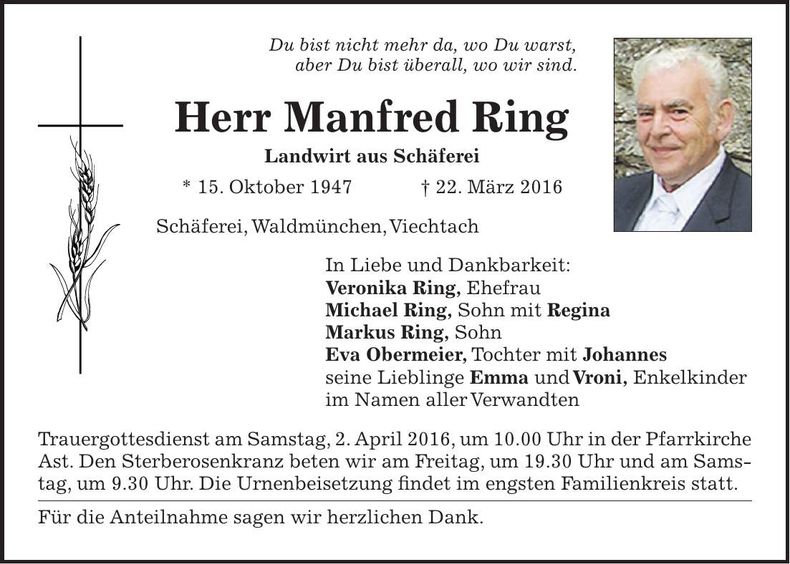 Traueranzeige Ring Manfred