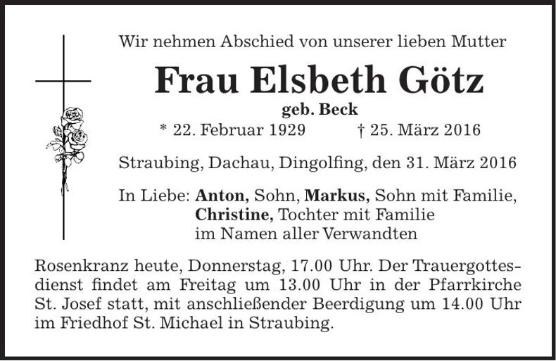 Traueranzeige Elsbeth Götz