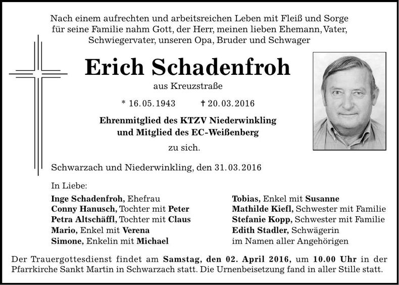 Traueranzeige Erich Schadenfroh