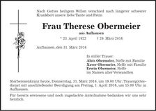 Traueranzeige Therese Obermeier