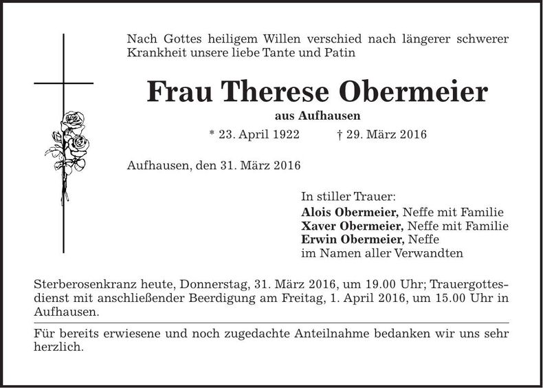 Traueranzeige Therese Obermeier