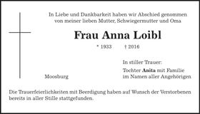 Traueranzeige Anna Loibl