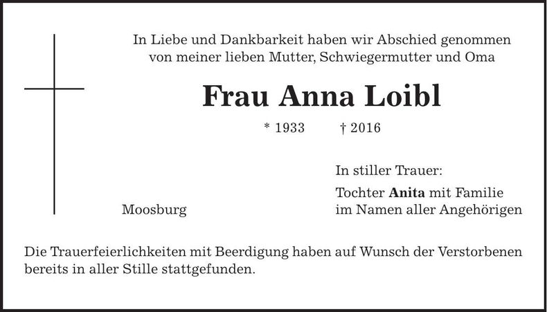 Traueranzeige Anna Loibl