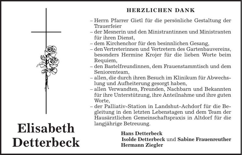 Traueranzeige Elisabeth Detterbeck
