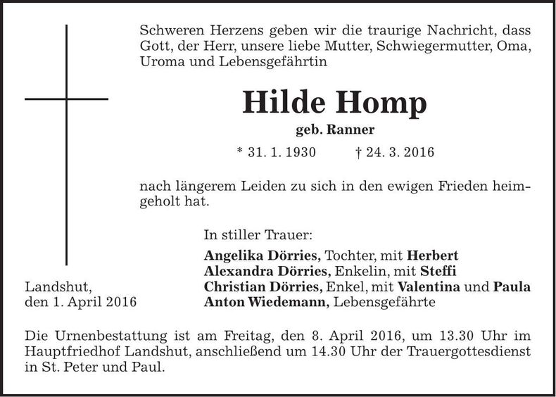Traueranzeige Hildegard Homp