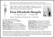 Traueranzeige Elisabeth Haegele