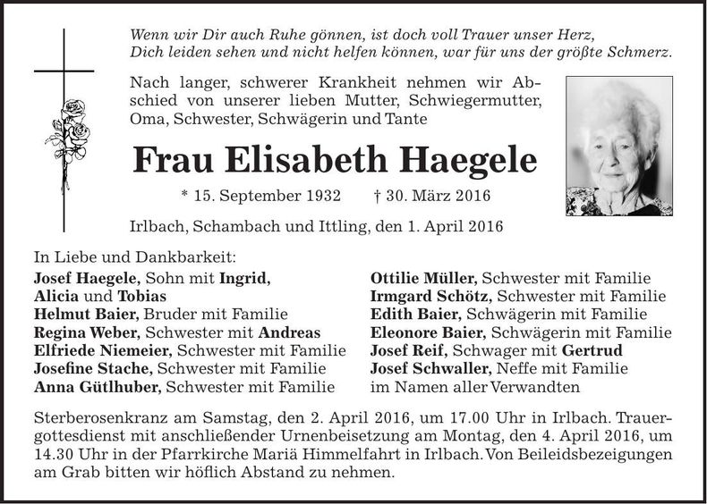 Traueranzeige Elisabeth Haegele