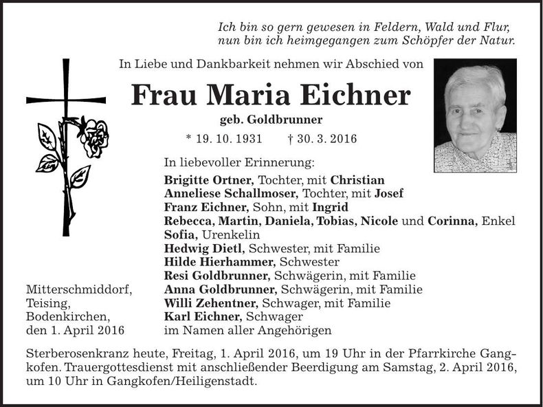 Traueranzeige Maria Eichner