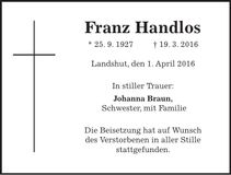 Traueranzeige Franz Handlos