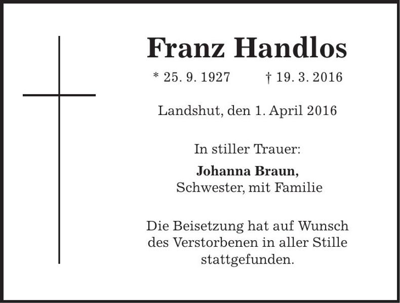 Traueranzeige Franz Handlos