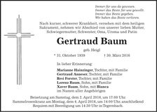 Traueranzeige Gertraud Baum