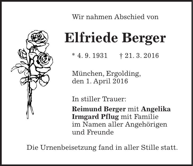 Traueranzeige Elfriede Berger