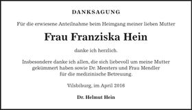 Traueranzeige Franziska Hein