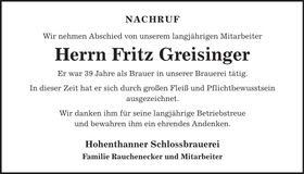 Traueranzeige Fritz Greisinger