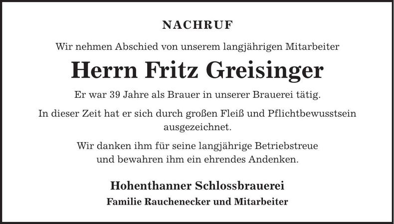 Traueranzeige Fritz Greisinger