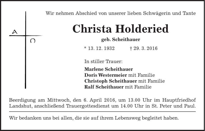 Traueranzeige Christa Holderied