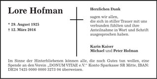 Traueranzeige Lore Hofman