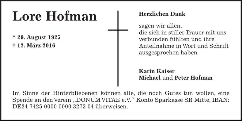 Traueranzeige Lore Hofman