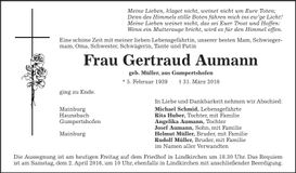 Traueranzeige Gertraud Aumann
