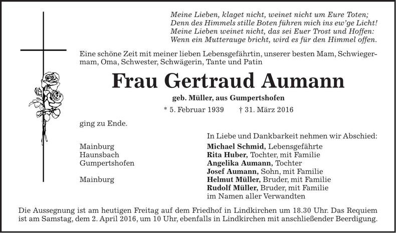 Traueranzeige Gertraud Aumann