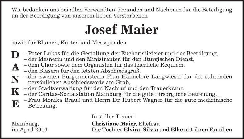 Traueranzeige Josef Maier