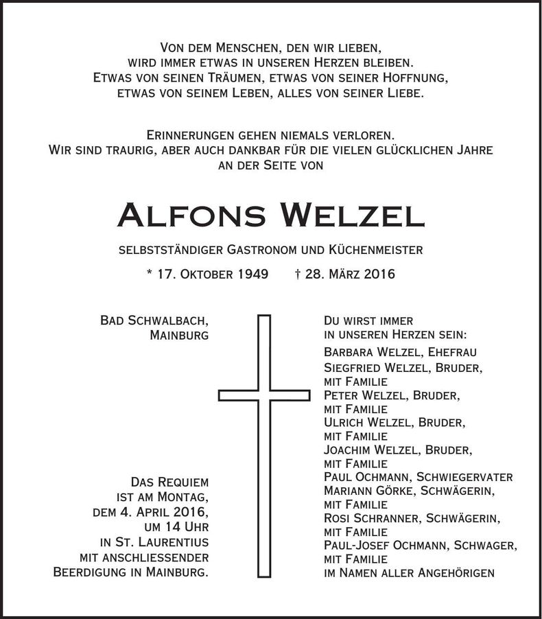 Traueranzeige Alfons Welzel