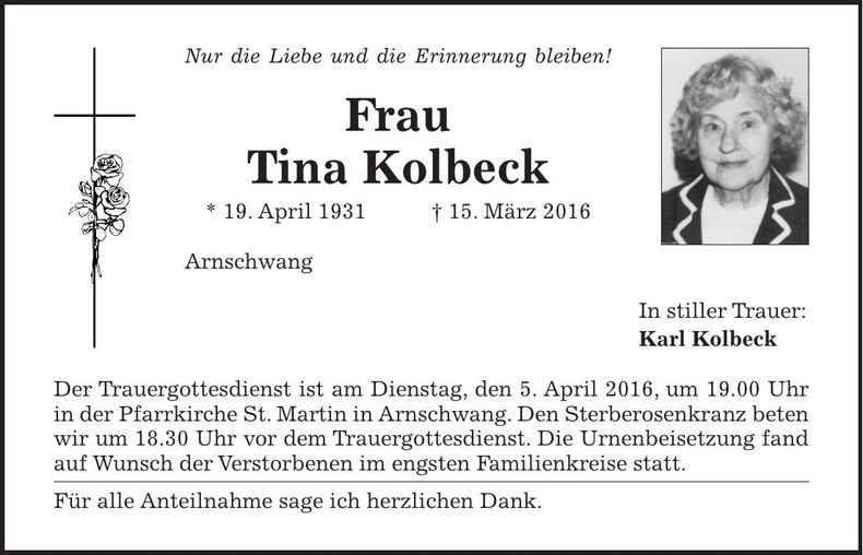 Traueranzeige Tina Kolbeck
