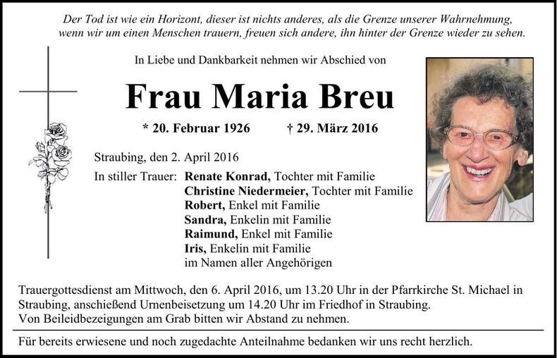 Traueranzeige Maria Breu