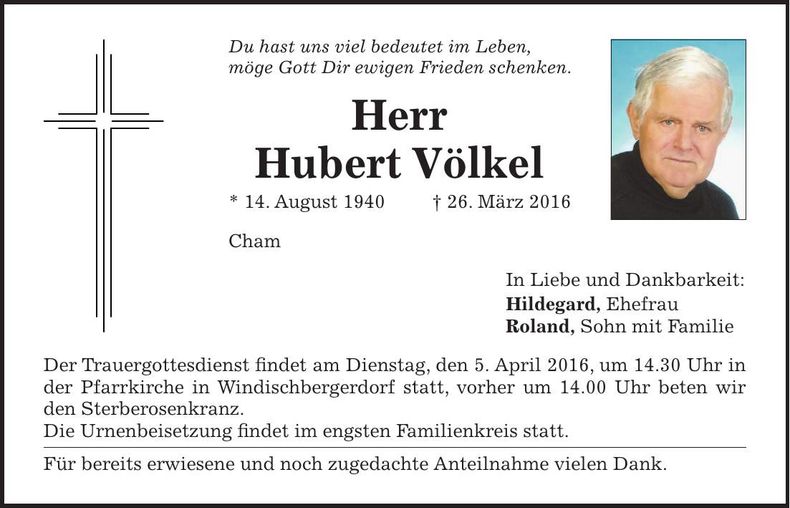 Traueranzeige Hubert Völkel