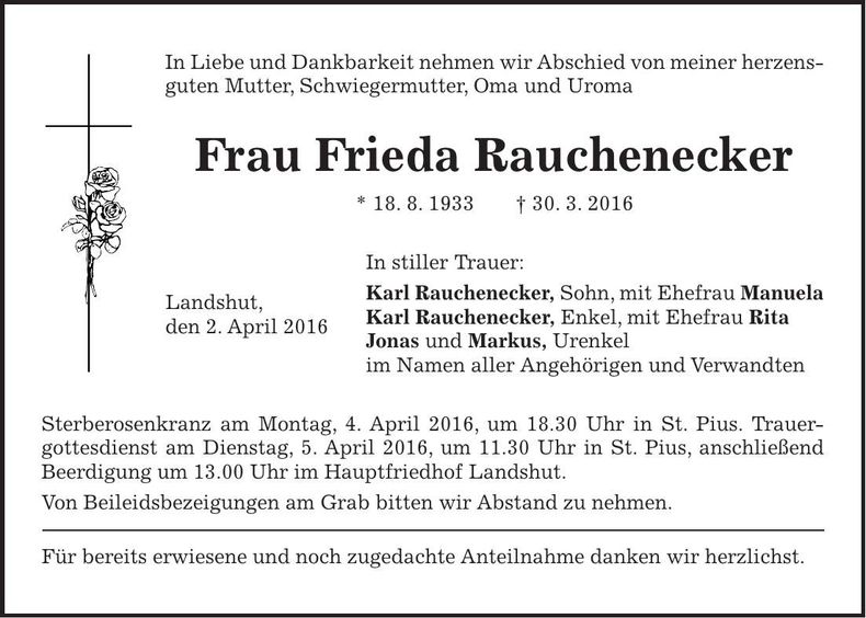 Traueranzeige Frieda Rauchenecker