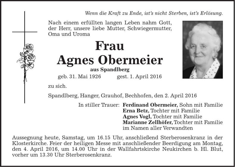 Traueranzeige Agnes Obermeier