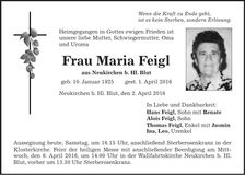 Traueranzeige Maria Feigl
