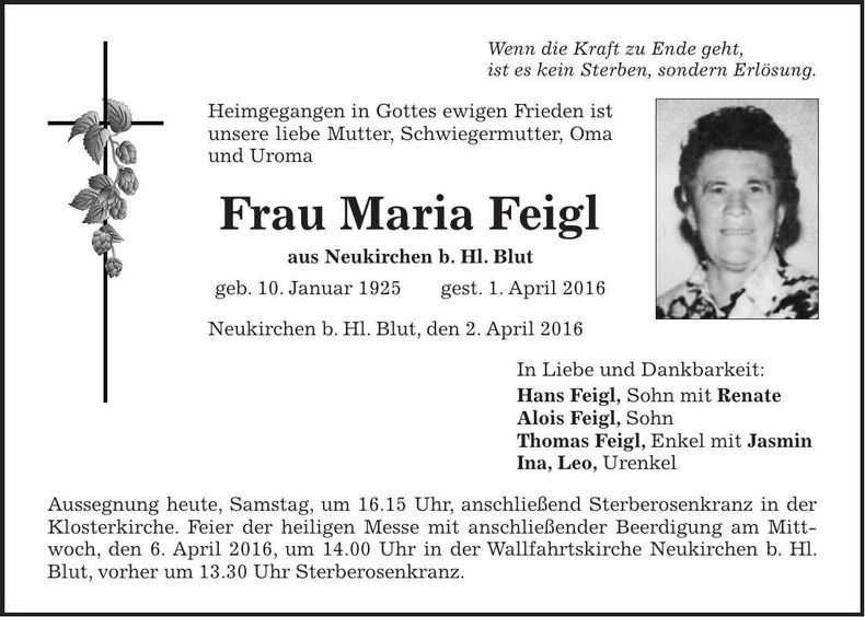 Traueranzeige Maria Feigl