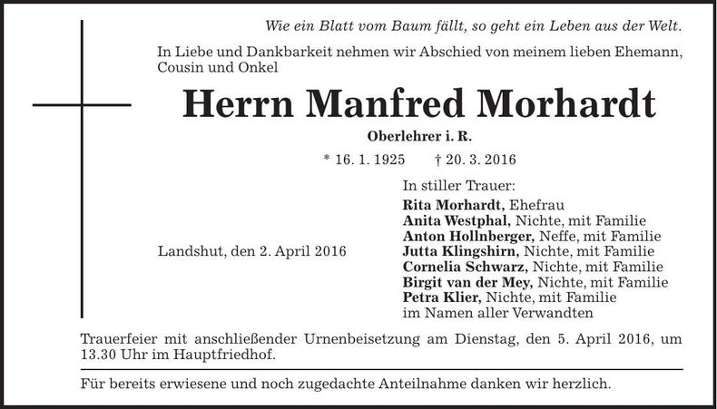 Traueranzeige Manfred Morhardt