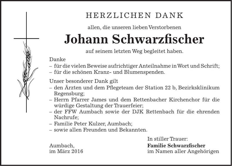Traueranzeige Johann Schwarzfischer